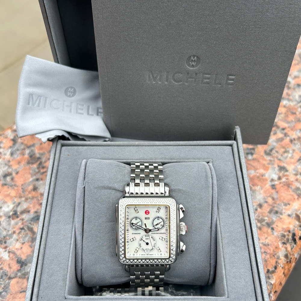 MICHELE DECO MOP DIAMOND DIAL AND BEZEL CHRONOGRAPH LADIES WATCH - Picture 14 of 15
